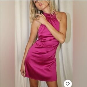 12th Tribe Ainsley Fuchsia Magenta Pink Satin Halter Mini Dress Womens Small